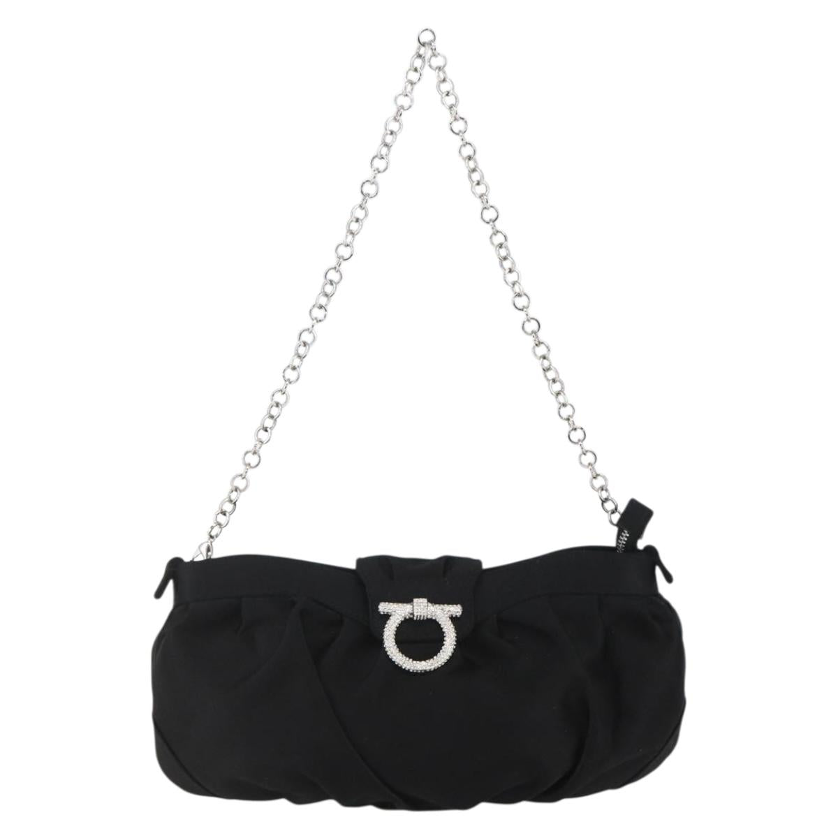 Salvatore Ferragamo Gancini Chain Shoulder Bag Satin Black Silver Auth 156969V