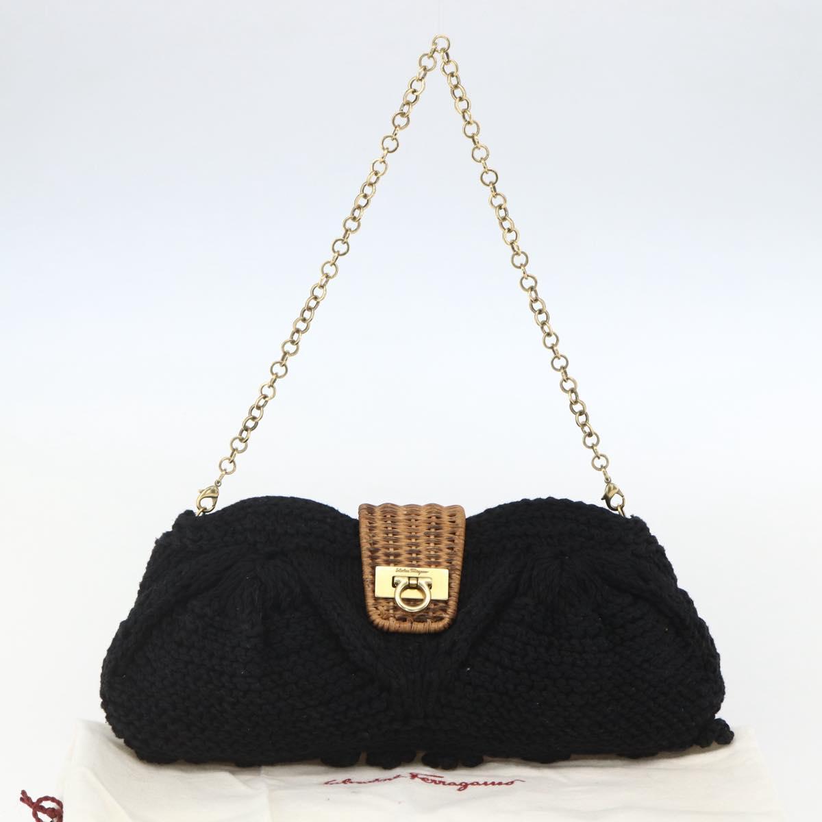 Salvatore Ferragamo Chain Shoulder Bag knitted Fabrics Black Gold Auth 156985V