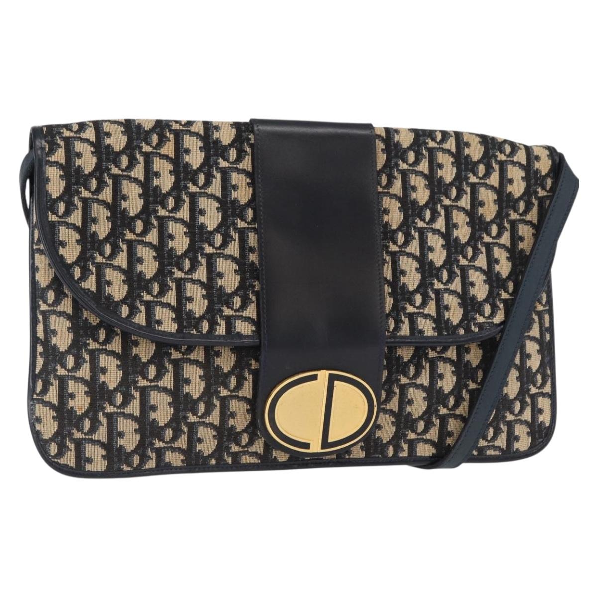Christian Dior Trotter Canvas Shoulder Bag Navy Gold Auth 157007