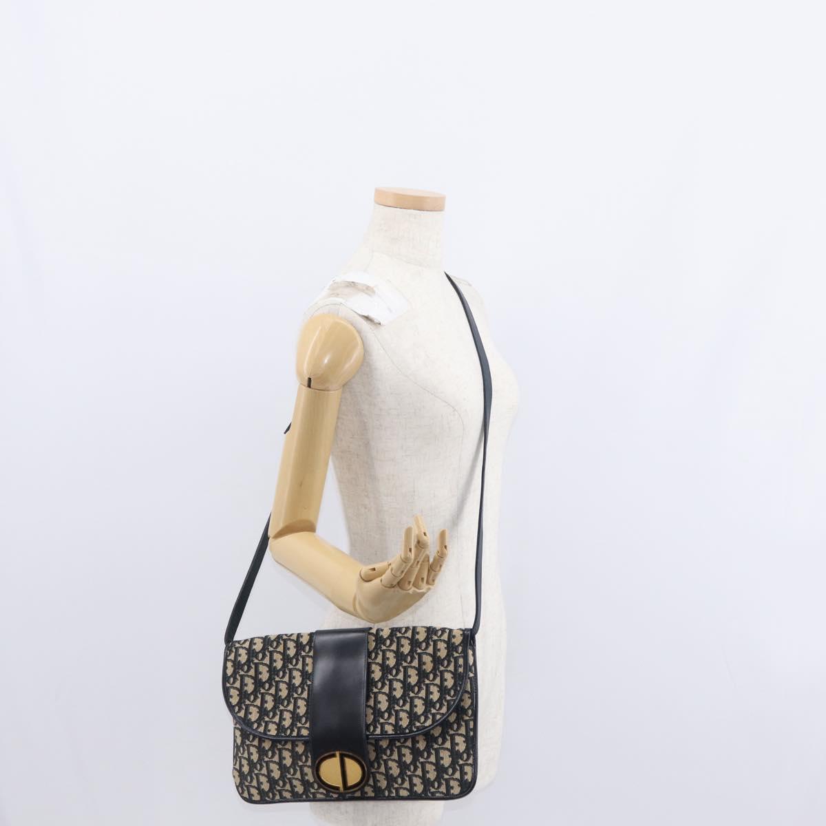 Christian Dior Trotter Canvas Shoulder Bag Navy Gold Auth 157007