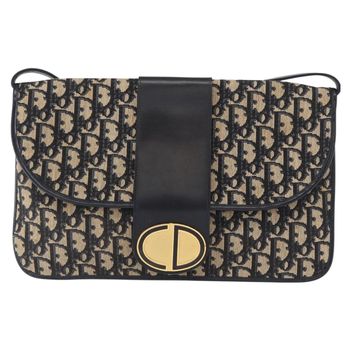Christian Dior Trotter Canvas Shoulder Bag Navy Gold Auth 157007