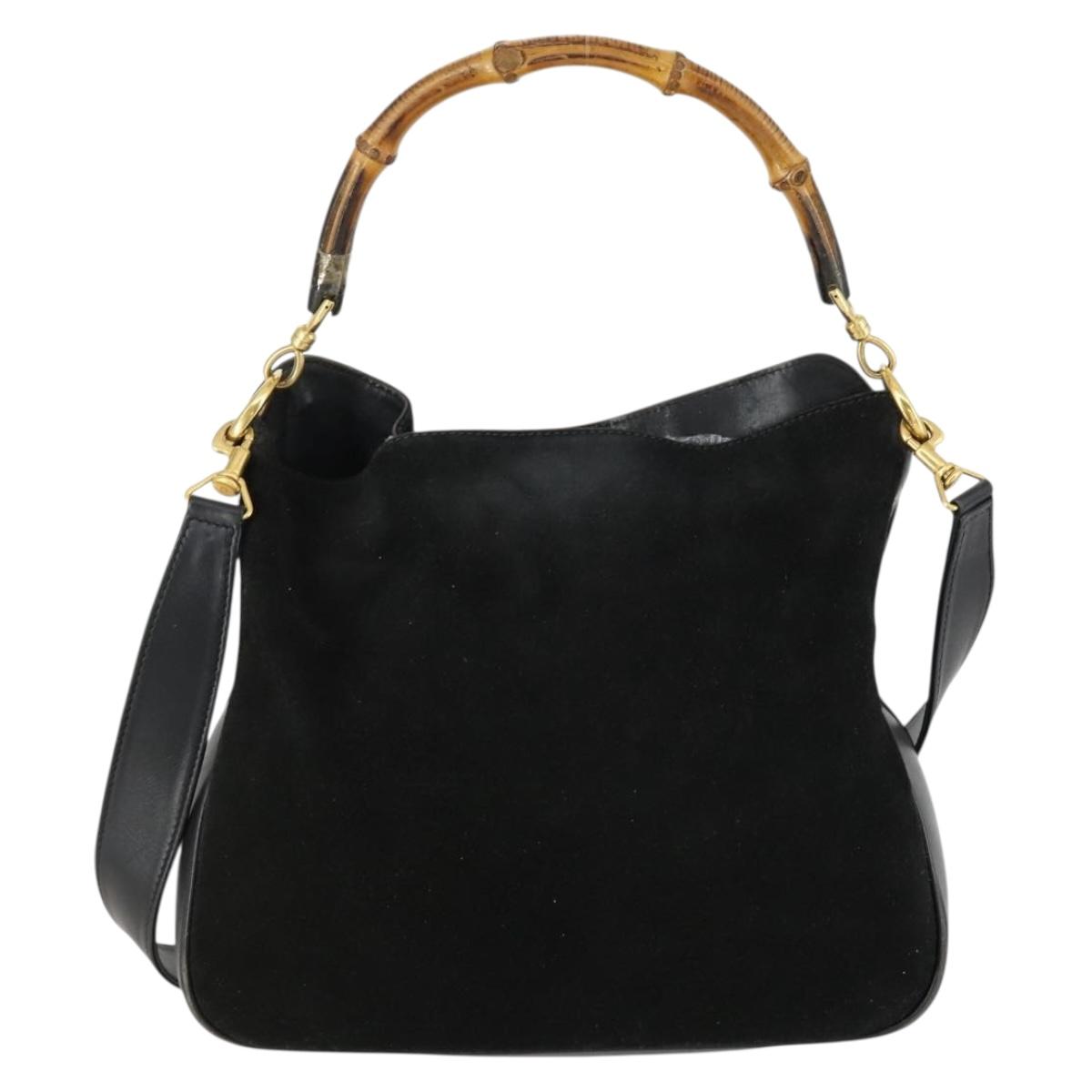 GUCCI Bamboo Shoulder Bag Suede 2way Black Gold Auth 157009