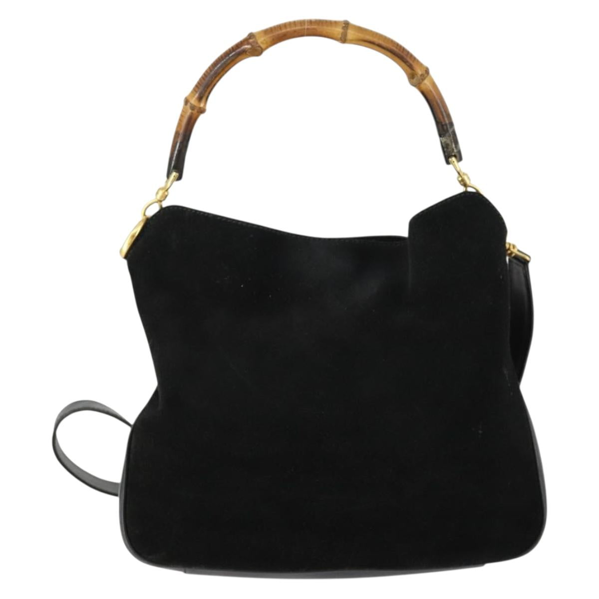 GUCCI Bamboo Shoulder Bag Suede 2way Black Gold Auth 157009