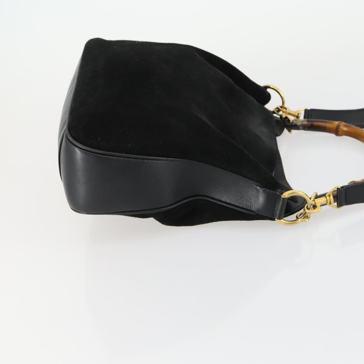 GUCCI Bamboo Shoulder Bag Suede 2way Black Gold Auth 157009