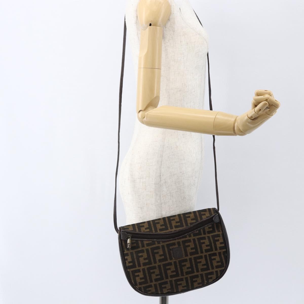 FENDI Zucca Canvas Shoulder Bag Black Brown Auth 157010