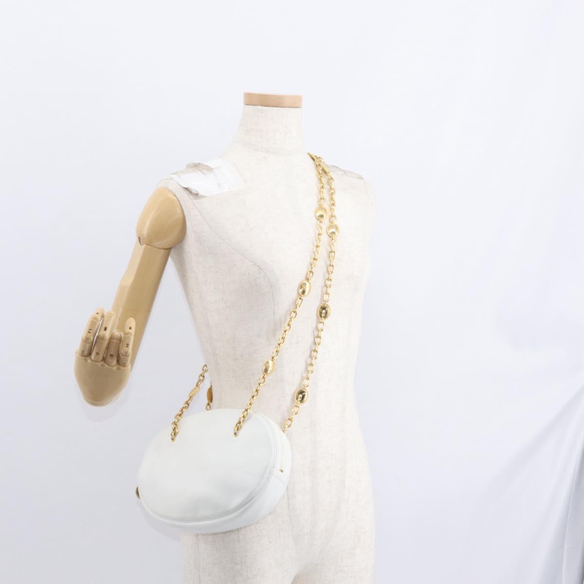 Christian Dior Chain Shoulder Bag Leather White Gold Auth 157011