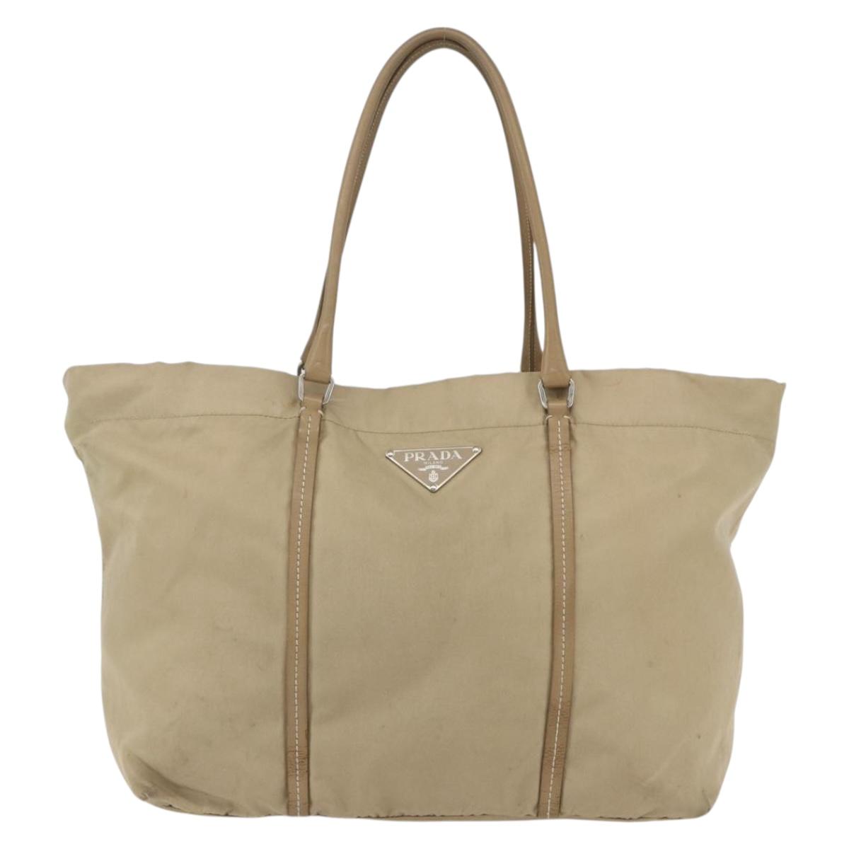 PRADA Tote Bag Nylon Beige Silver Auth 157015