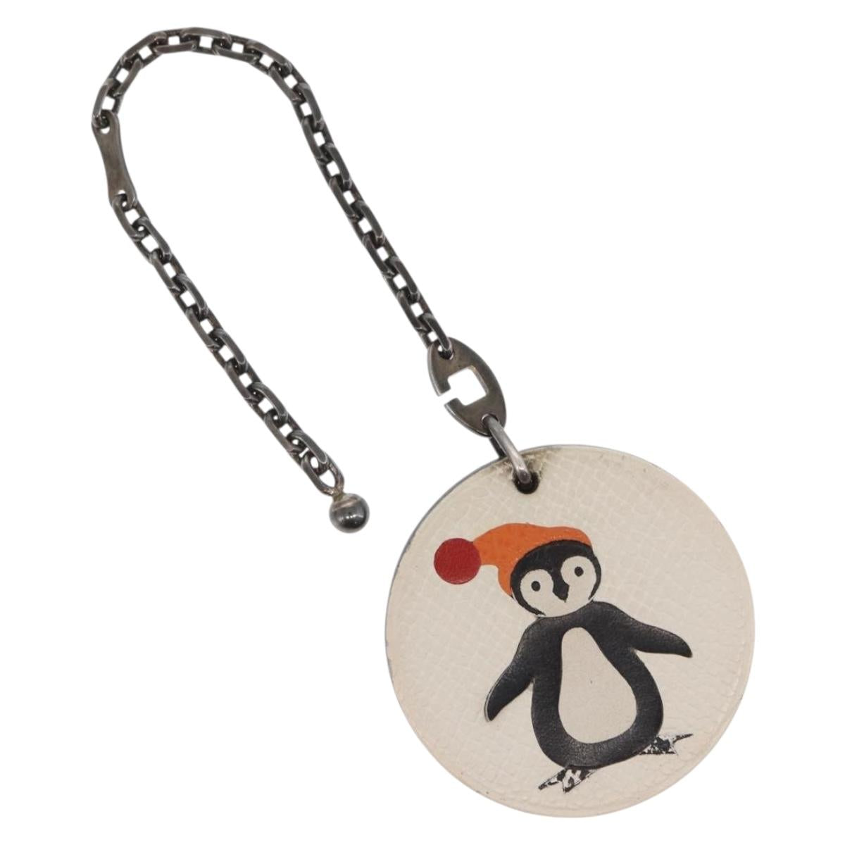 HERMES Penguin Bag Charm Leather White Brown Auth 157049