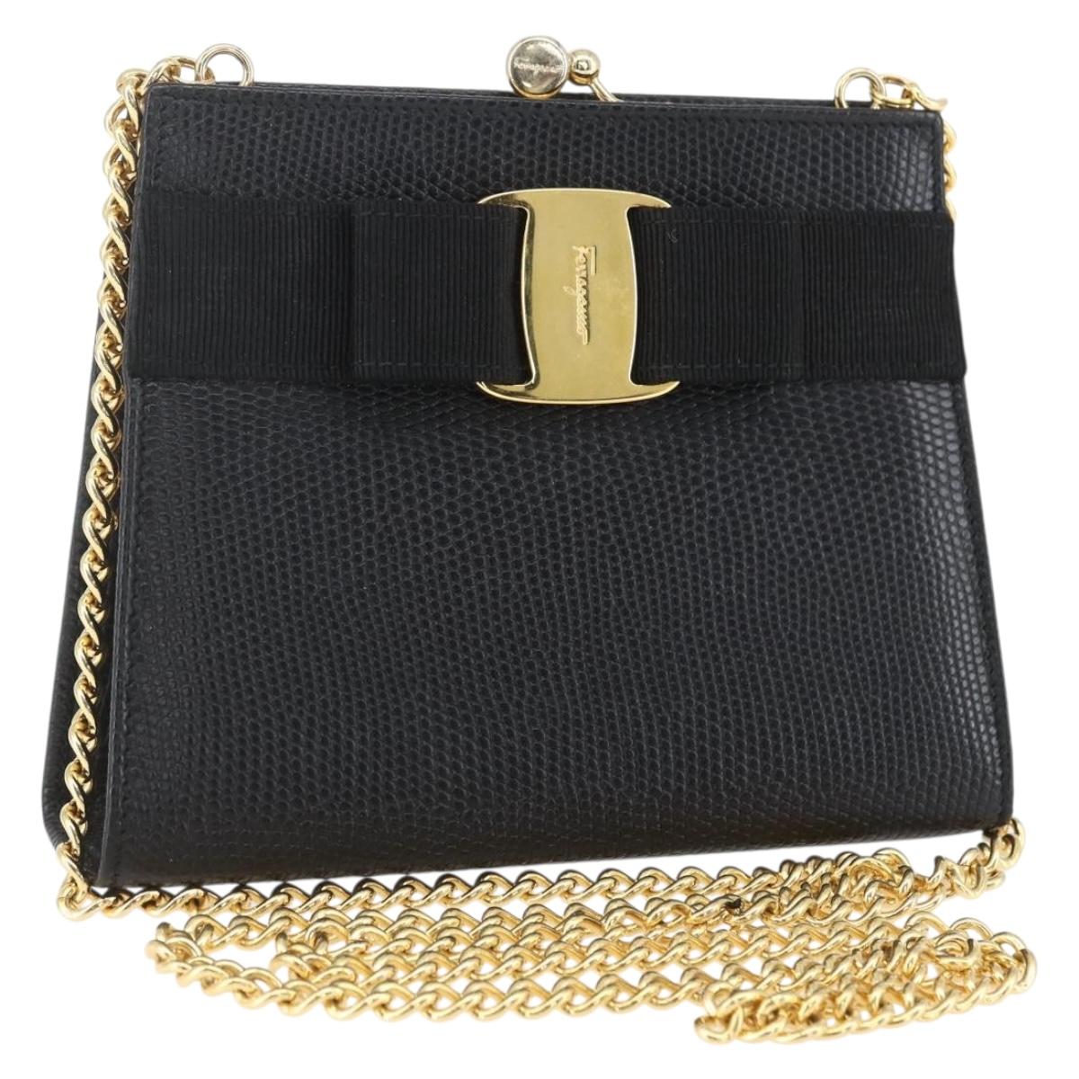 Salvatore Ferragamo Chain Vala Shoulder Bag Leather Black Gold Auth 157062