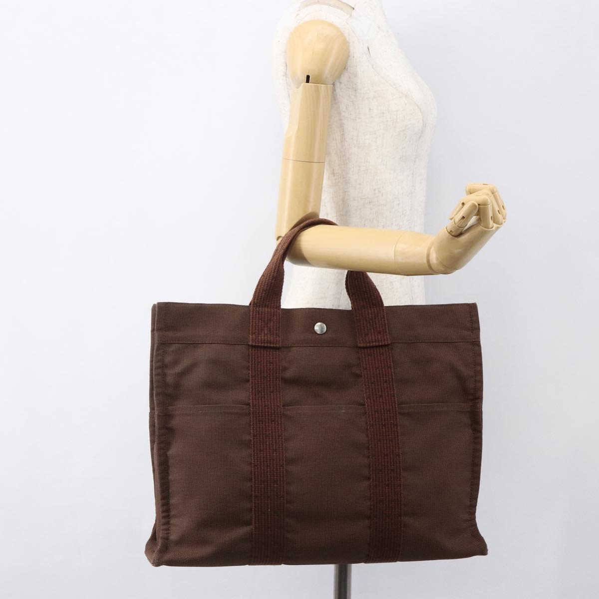 HERMES Her LineMM Hand Bag Canvas Brown Silver Auth 157068
