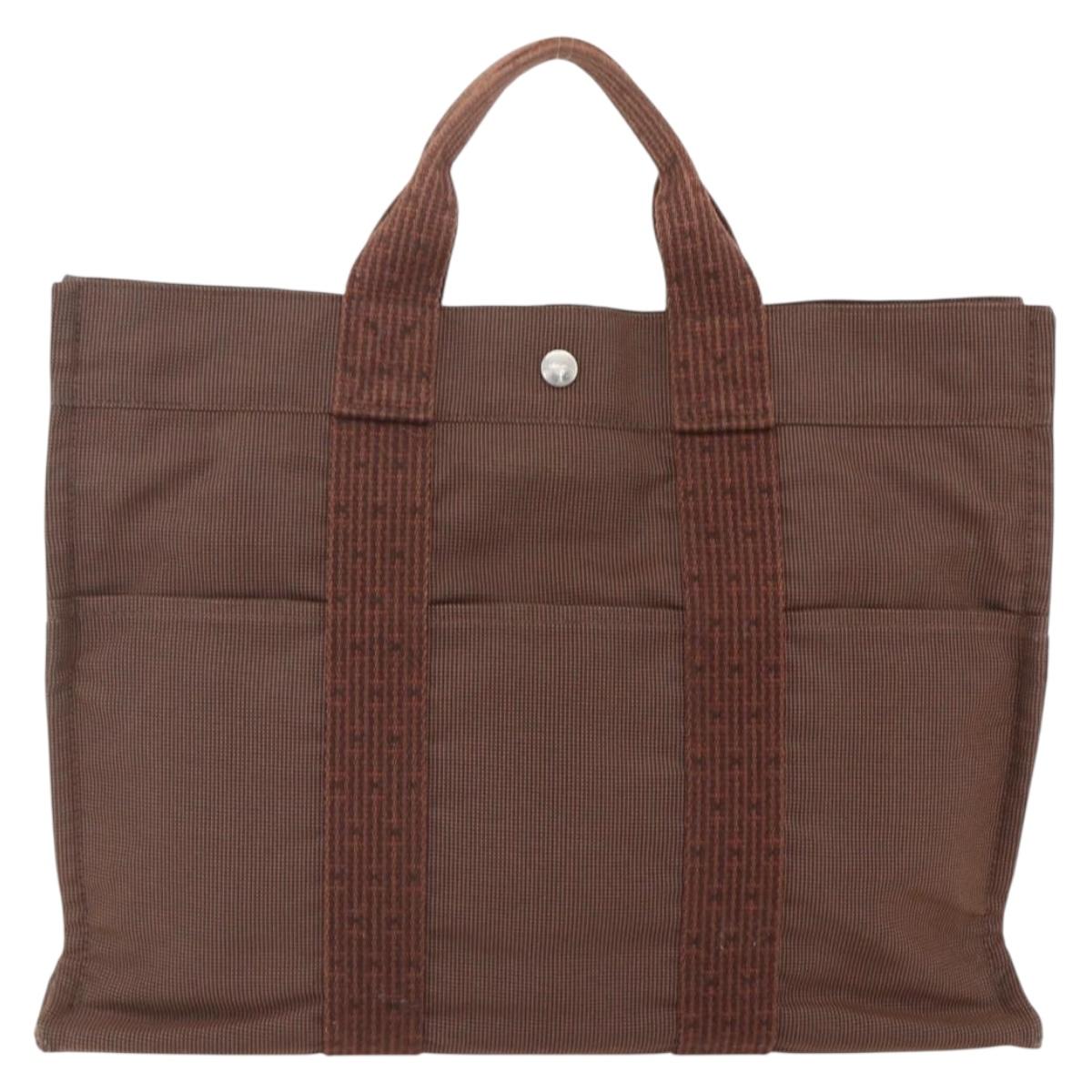 HERMES Her LineMM Hand Bag Canvas Brown Silver Auth 157068