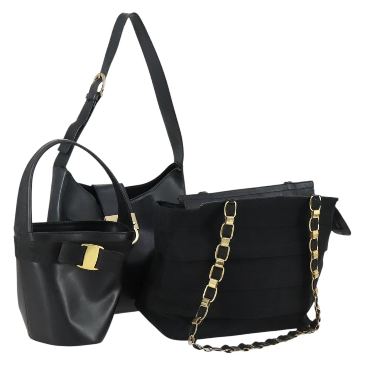 Salvatore Ferragamo Gancini Vala Hand Bag Leather 3 Set Black Auth 157075