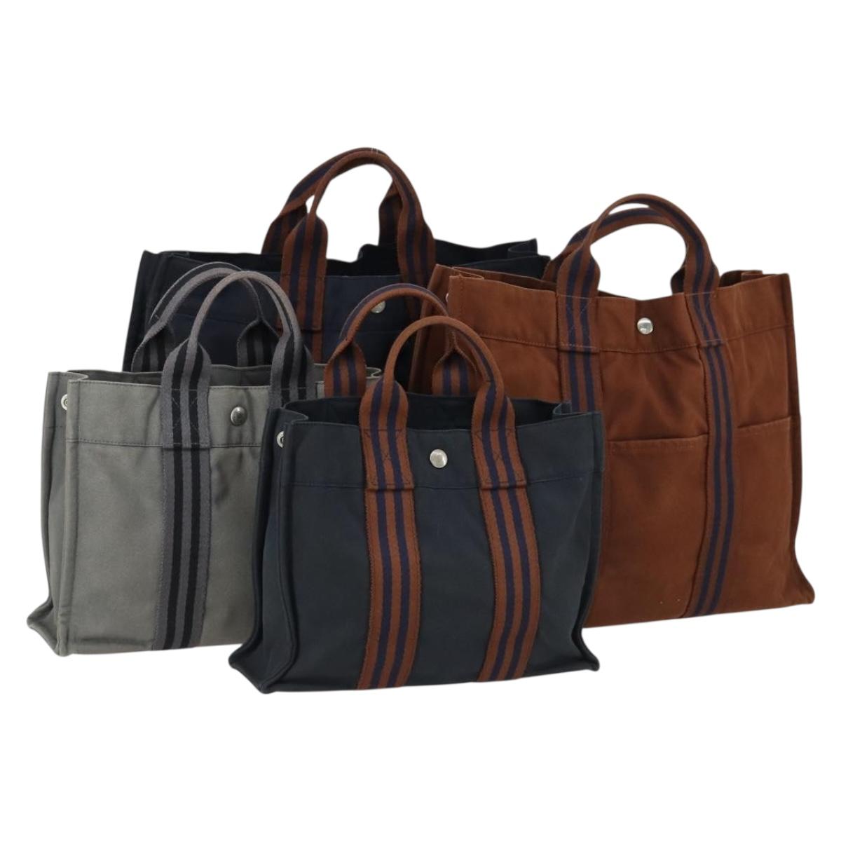 HERMES Brown Fourre Tout Hand Bag Canvas 4 Set Black Navy gray Auth 157079