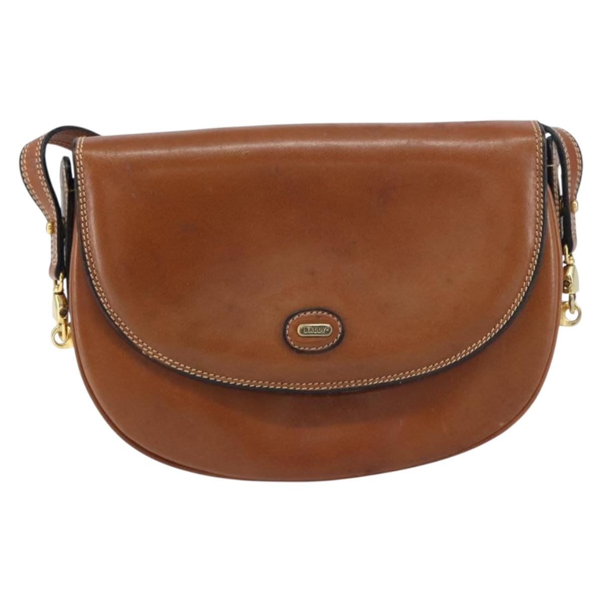 BALLY Shoulder Bag Leather Brown Gold Auth 157101