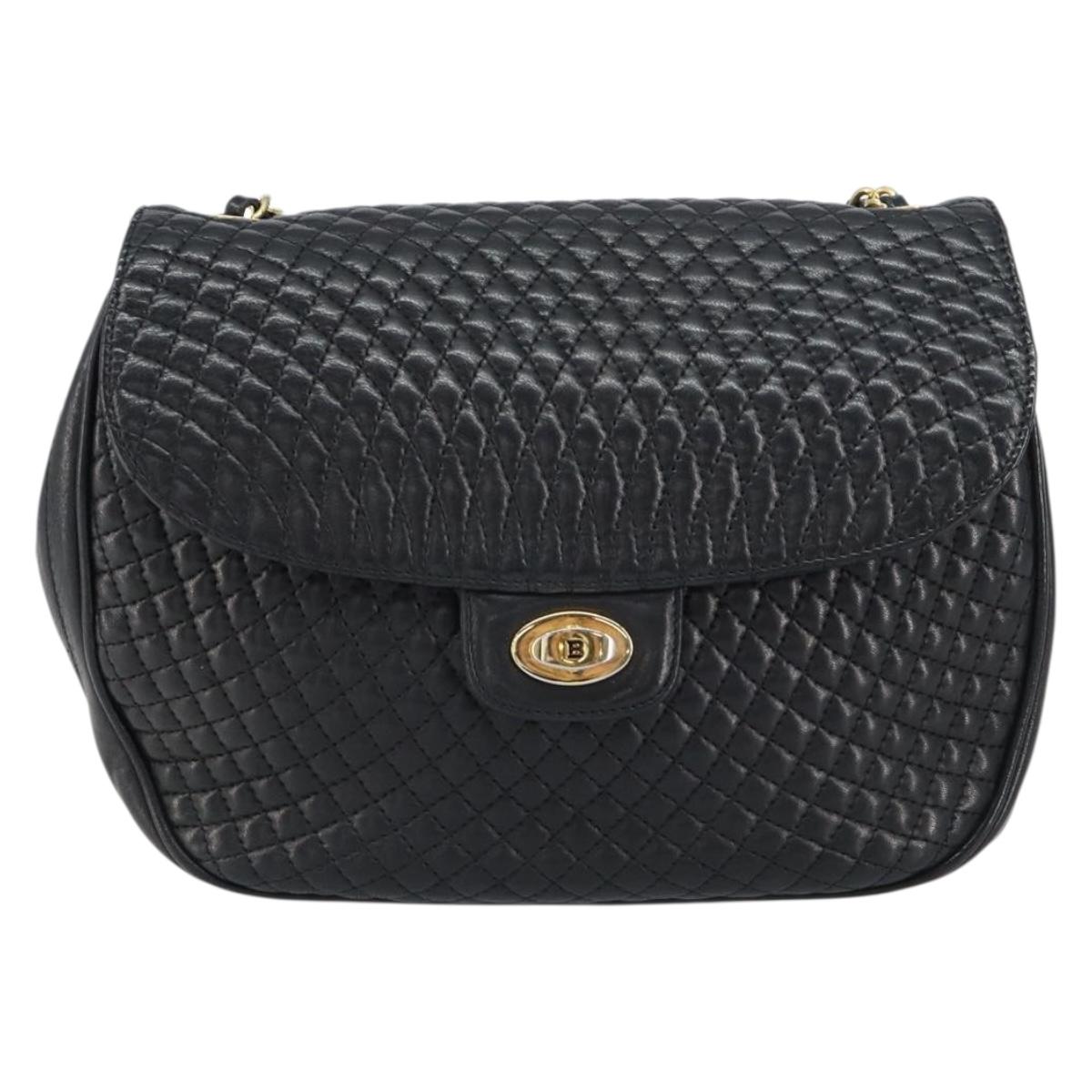 BALLY Chain Shoulder Bag Leather Black Gold Auth 157106