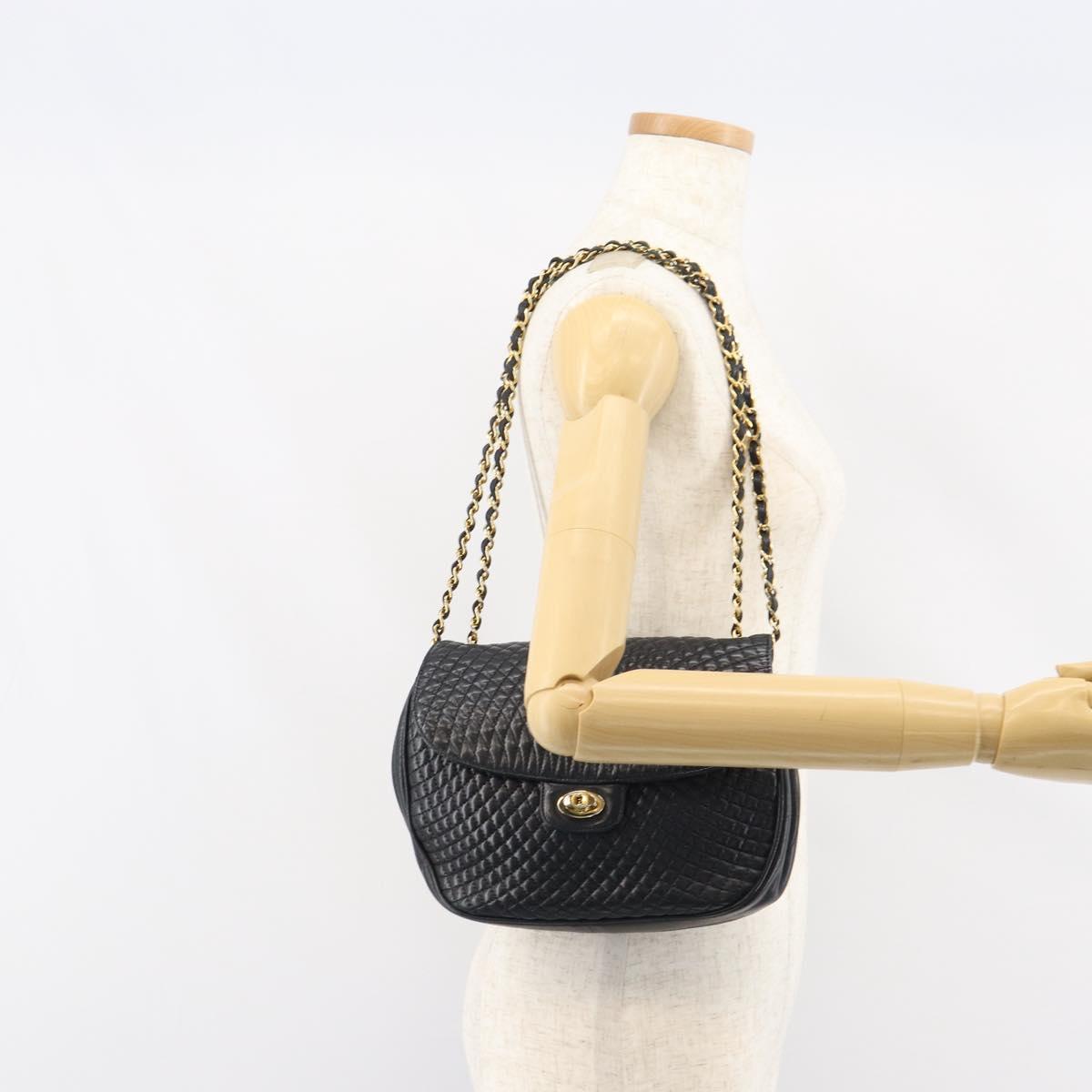 BALLY Chain Shoulder Bag Leather Black Gold Auth 157106