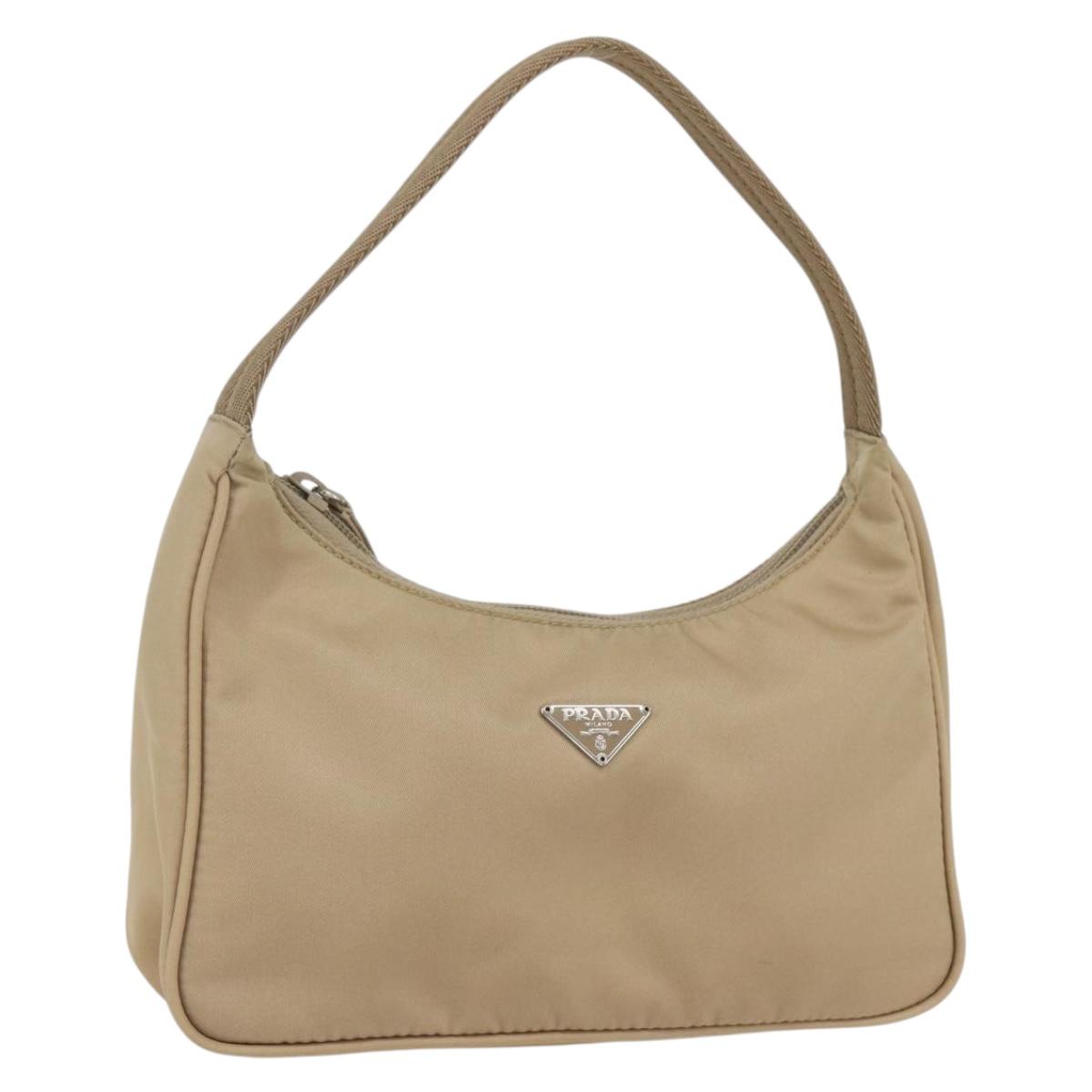 PRADA Hand Bag Nylon Beige Silver Auth 157109V