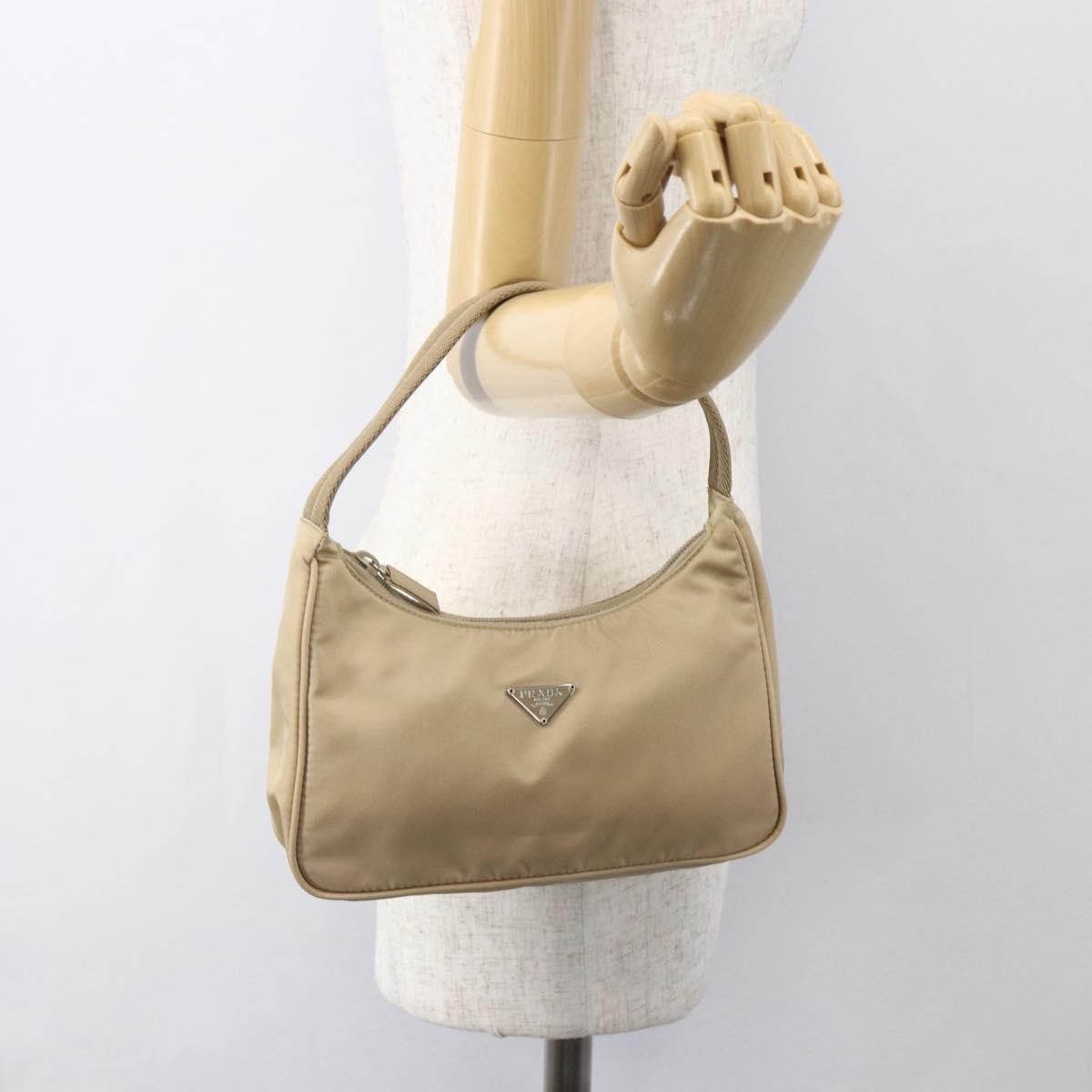 PRADA Hand Bag Nylon Beige Silver Auth 157109V
