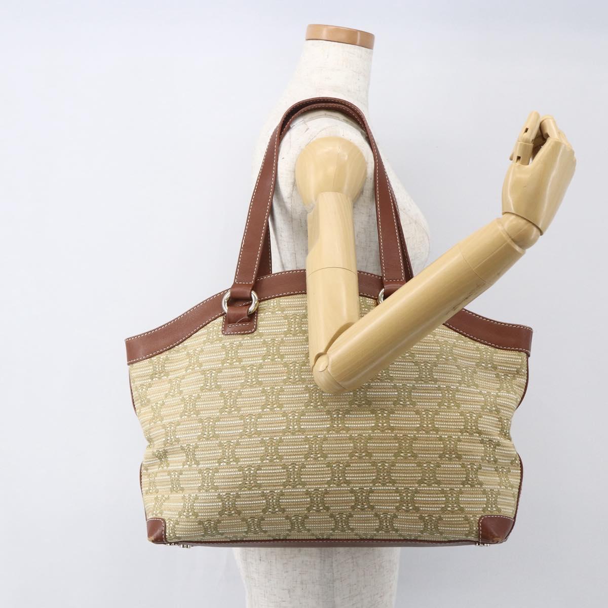 CELINE Paris Macadam Canvas Tote Bag Beige Gold Auth 157115