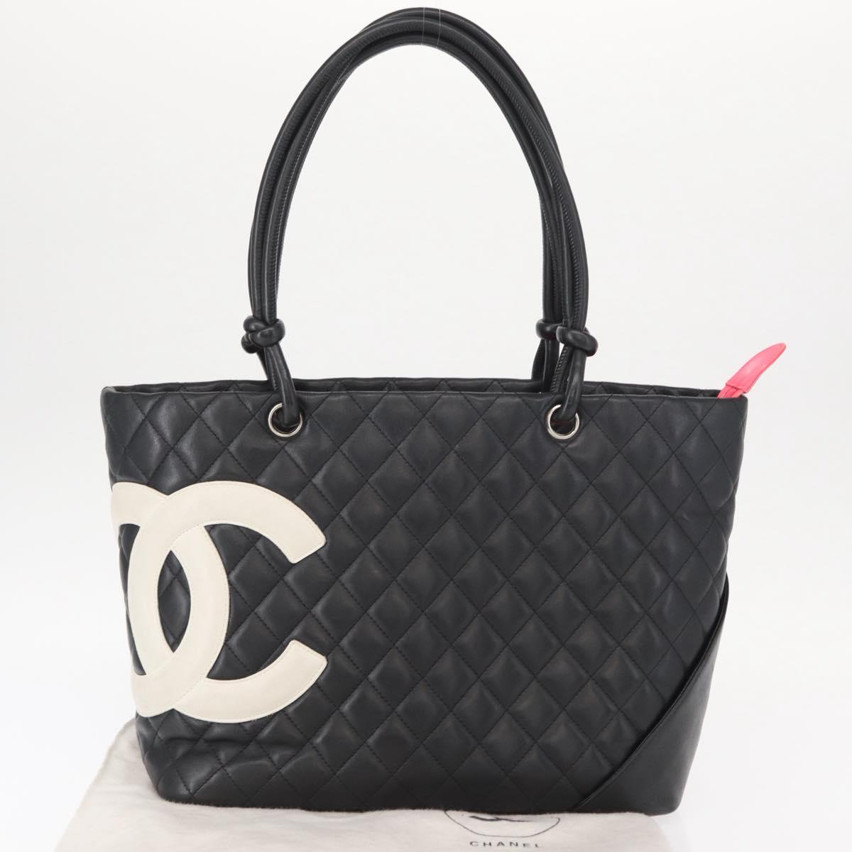 CHANEL Cambon Line Tote Bag Leather Black Silver CC Auth 157122SAV