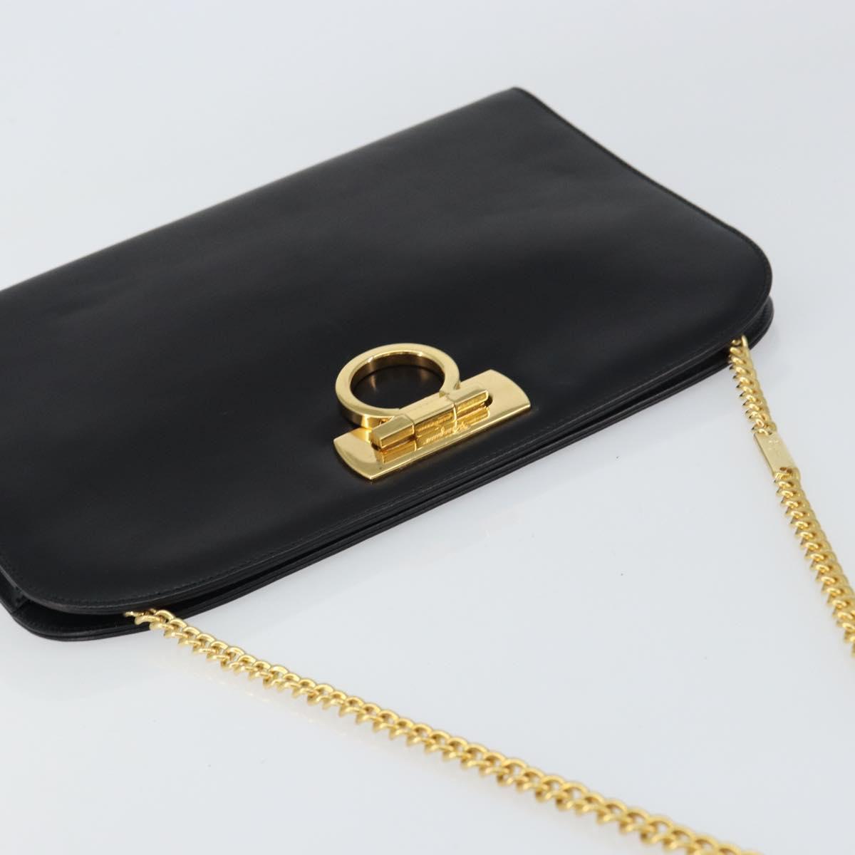 Salvatore Ferragamo Gancini Chain Shoulder Bag Leather Black Gold Auth 157126