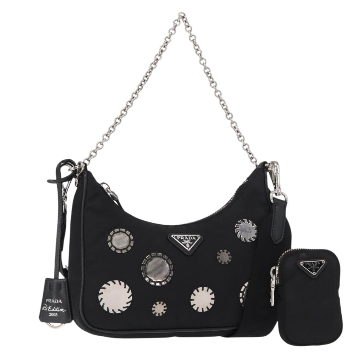PRADA Re-Edition 2005 Shoulder Bag Nylon 2way Black Silver 1BH204 Auth