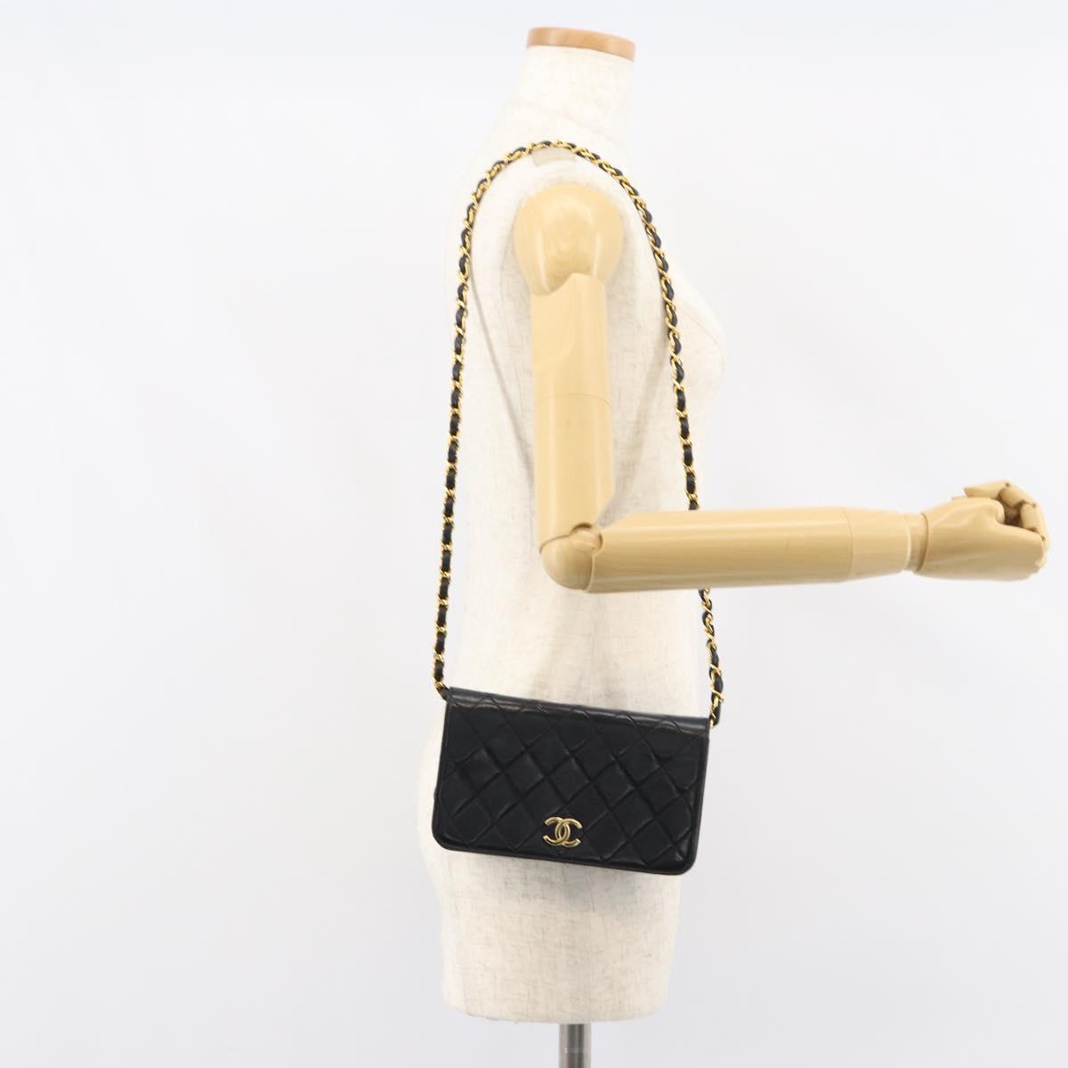 CHANEL Matelasse Chain Shoulder Bag Lamb Skin Black Gold CC Auth 157131