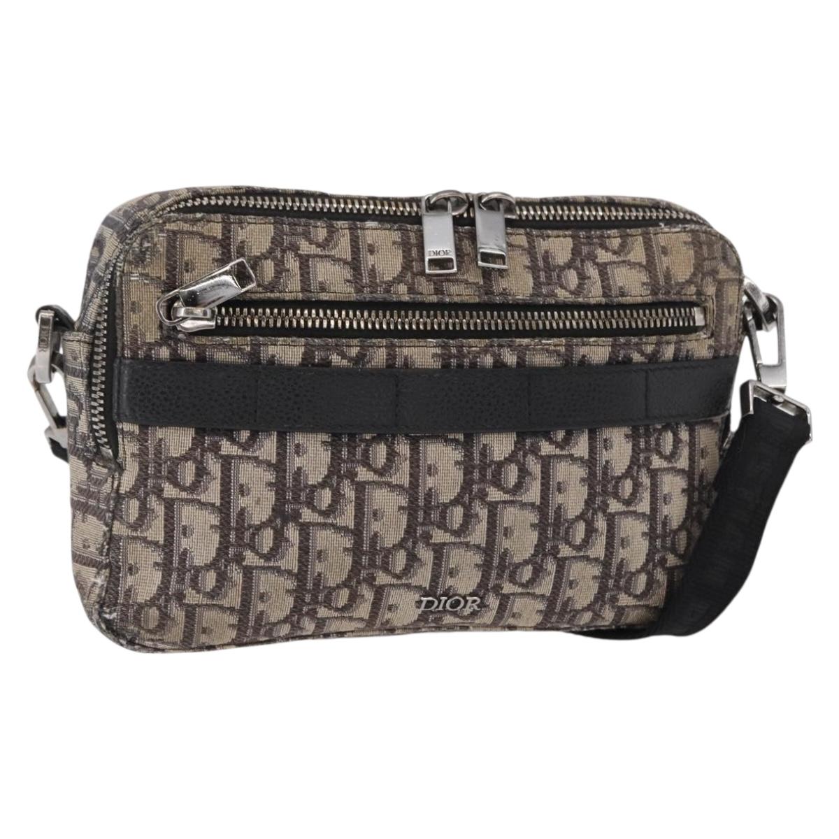 Christian Dior Trotter Canvas Oblique Shoulder Bag Black Silver Auth 157136
