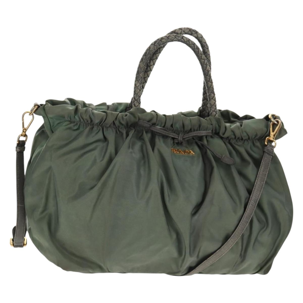 PRADA Hand Bag Nylon 2way Green Gold Auth 157145