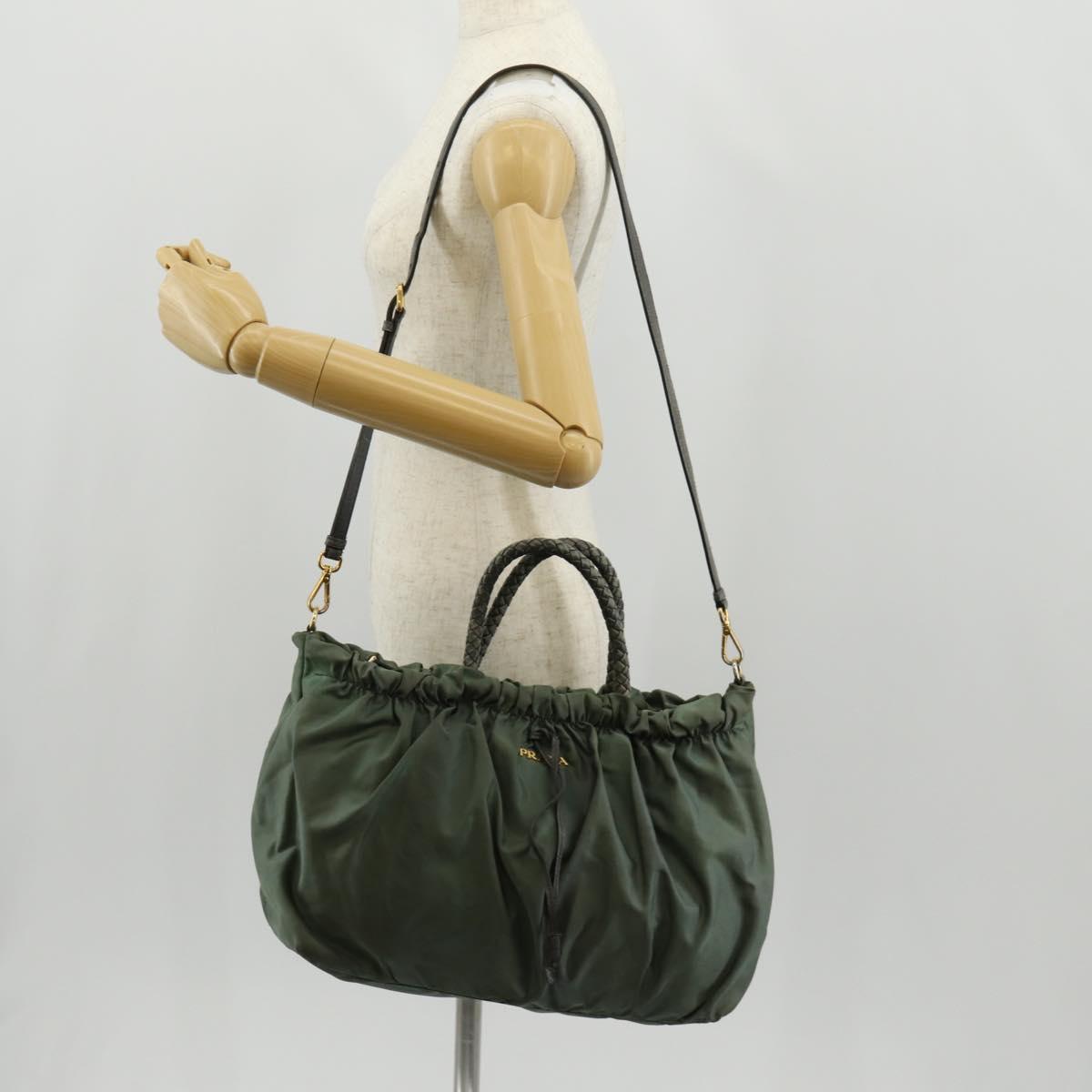 PRADA Hand Bag Nylon 2way Green Gold Auth 157145