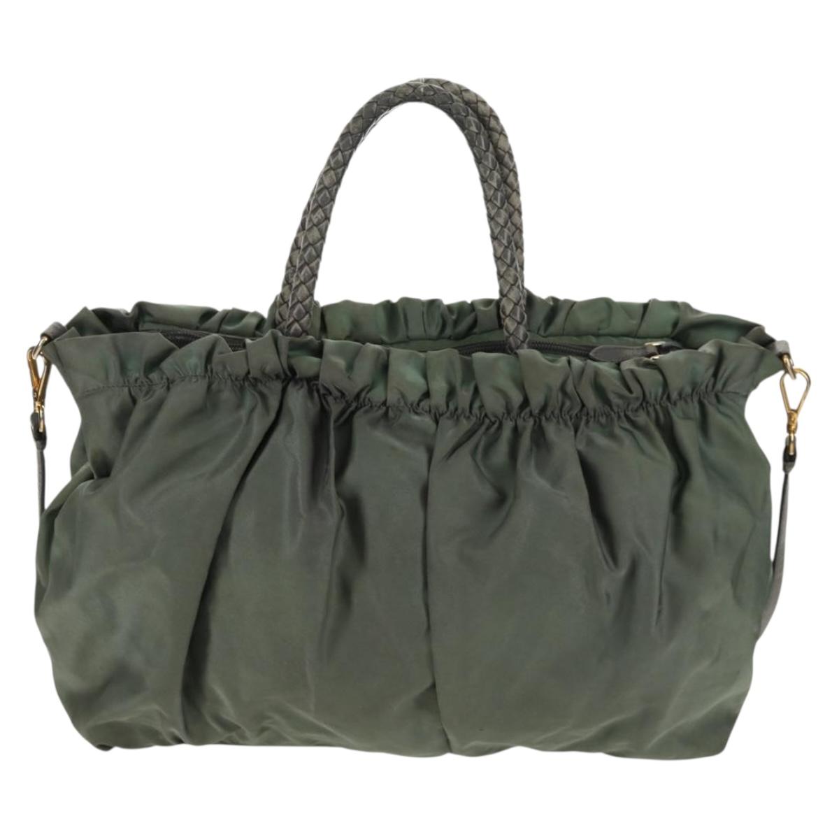 PRADA Hand Bag Nylon 2way Green Gold Auth 157145