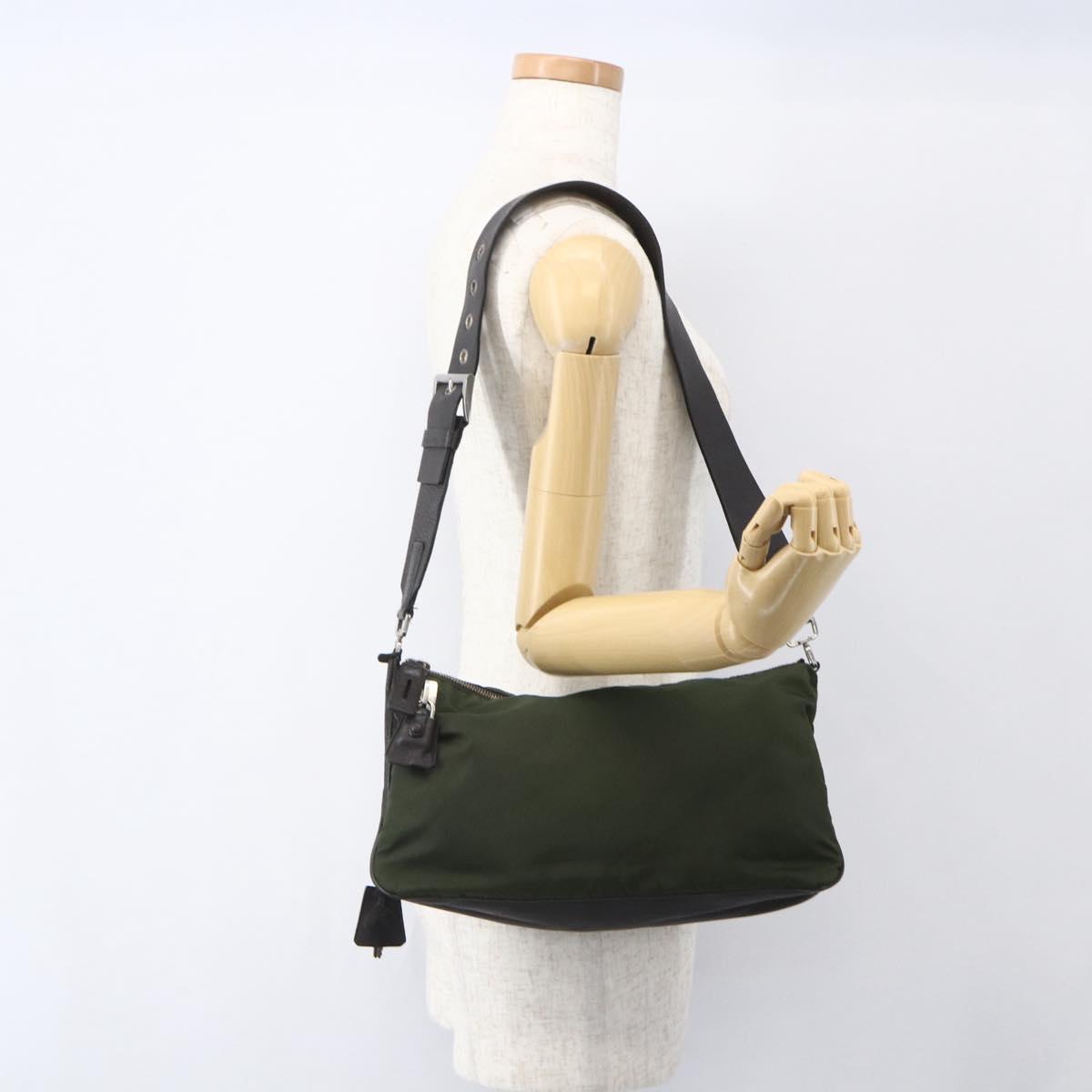 PRADA Shoulder Bag Nylon Khaki Silver Auth 157147V