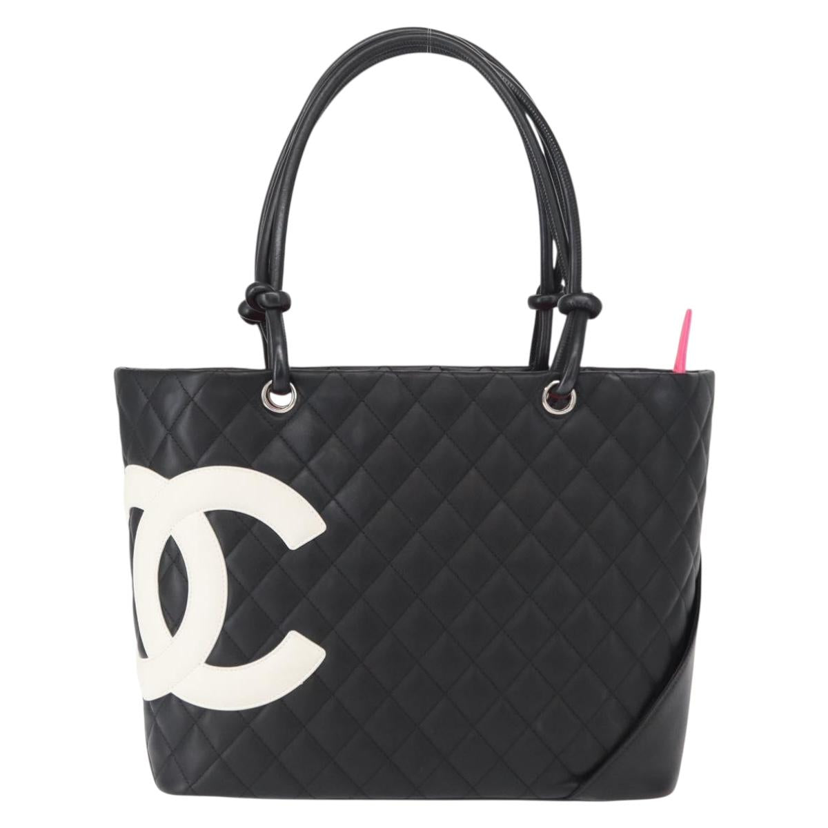 CHANEL Cambon Line Tote Bag Leather Black Silver CC Auth 157150SM
