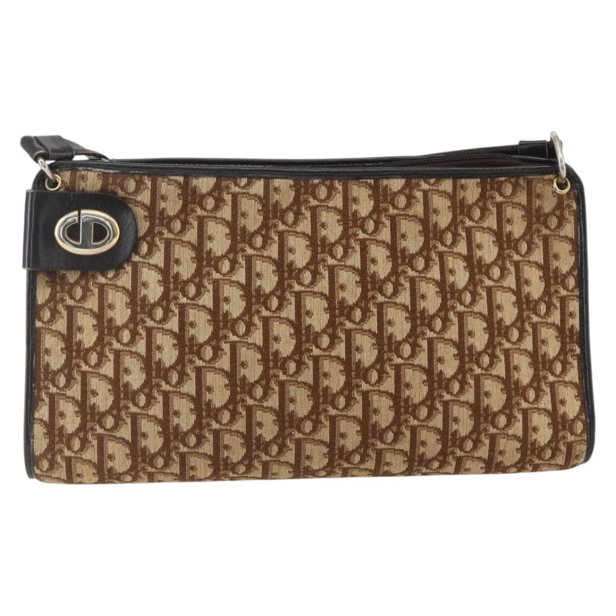 Christian Dior Trotter Canvas Shoulder Bag Beige Gold Auth 157215