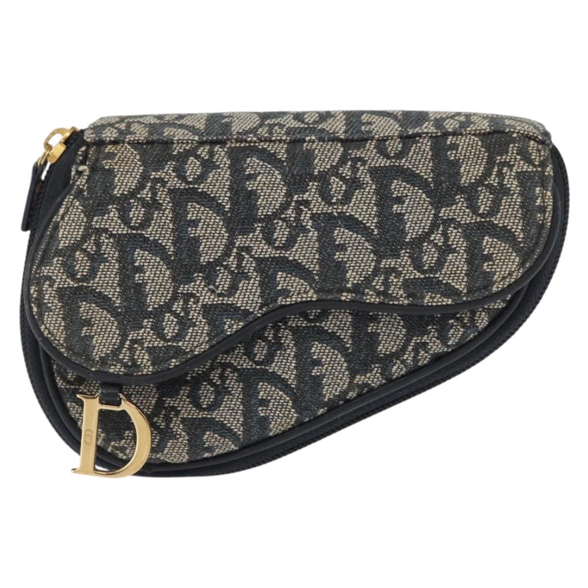 Christian Dior Trotter Canvas Saddle Pouch Navy Gold Auth 157216