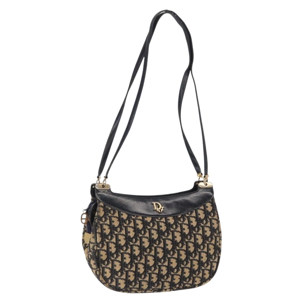 Christian Dior Trotter Canvas Shoulder Bag Navy Gold Auth 157217