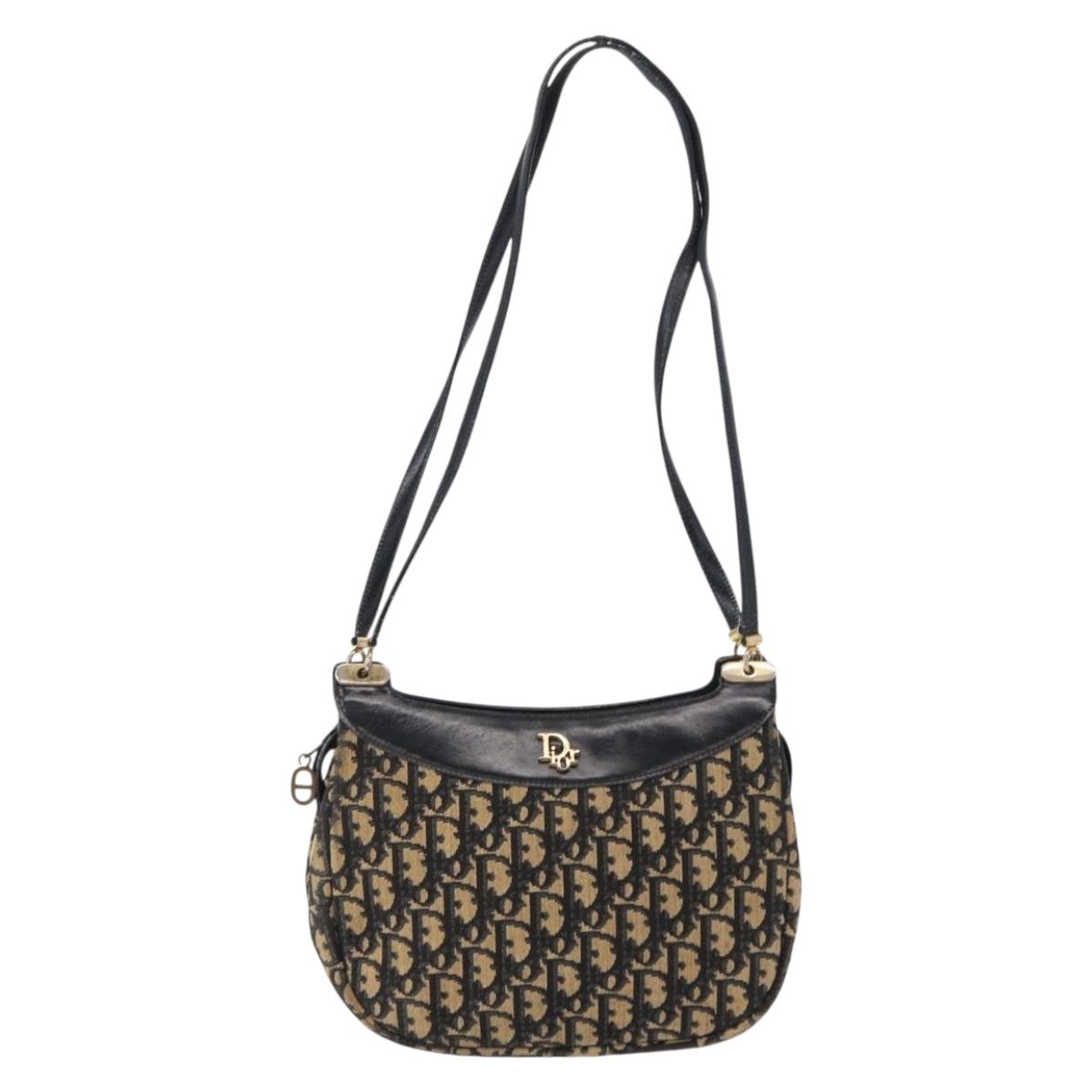 Christian Dior Trotter Canvas Shoulder Bag Navy Gold Auth 157217