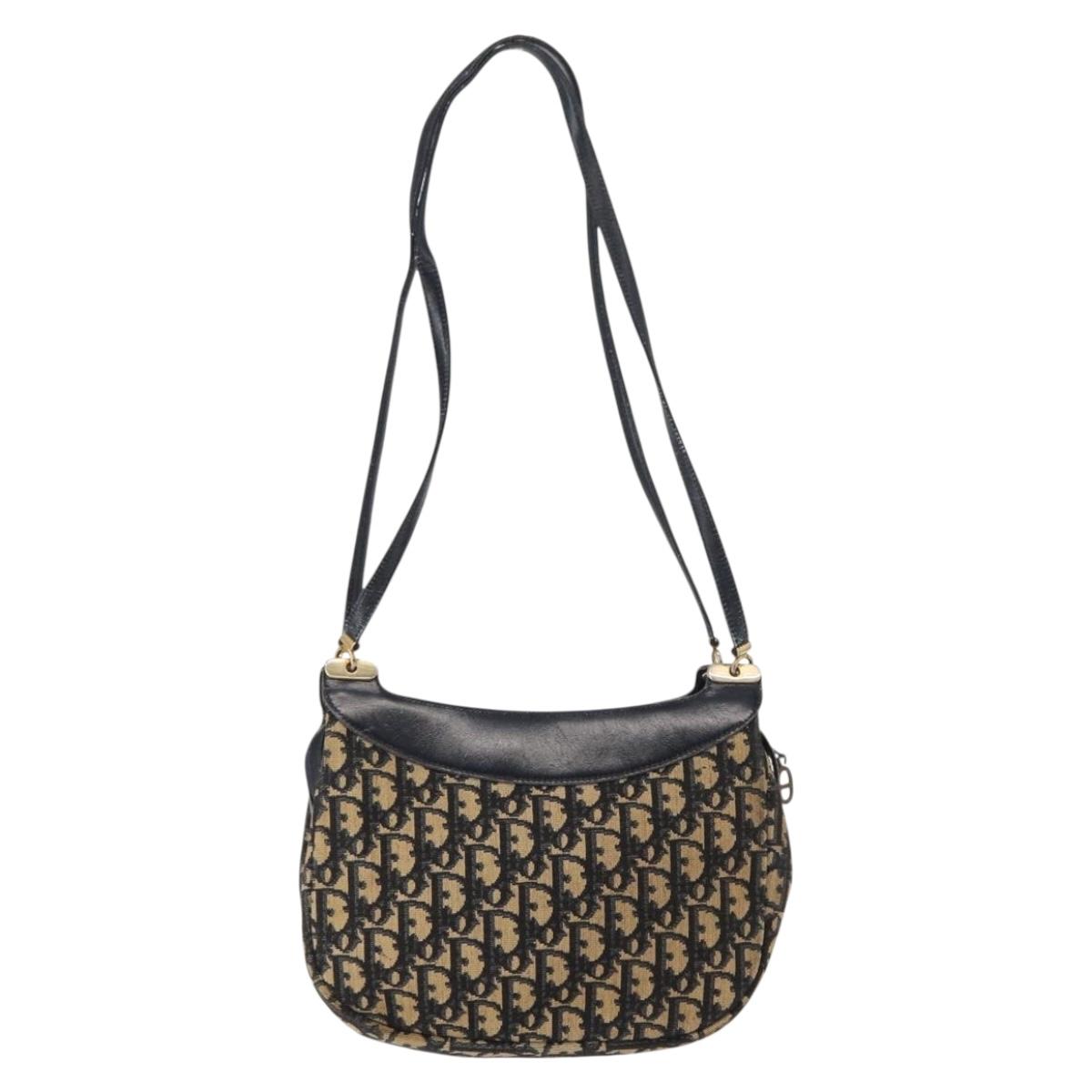 Christian Dior Trotter Canvas Shoulder Bag Navy Gold Auth 157217