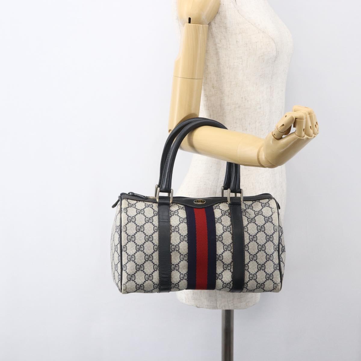 GUCCI GG Canvas Sherry Line Boston Bag Navy Gold Red 012 3841 58 Auth 157218