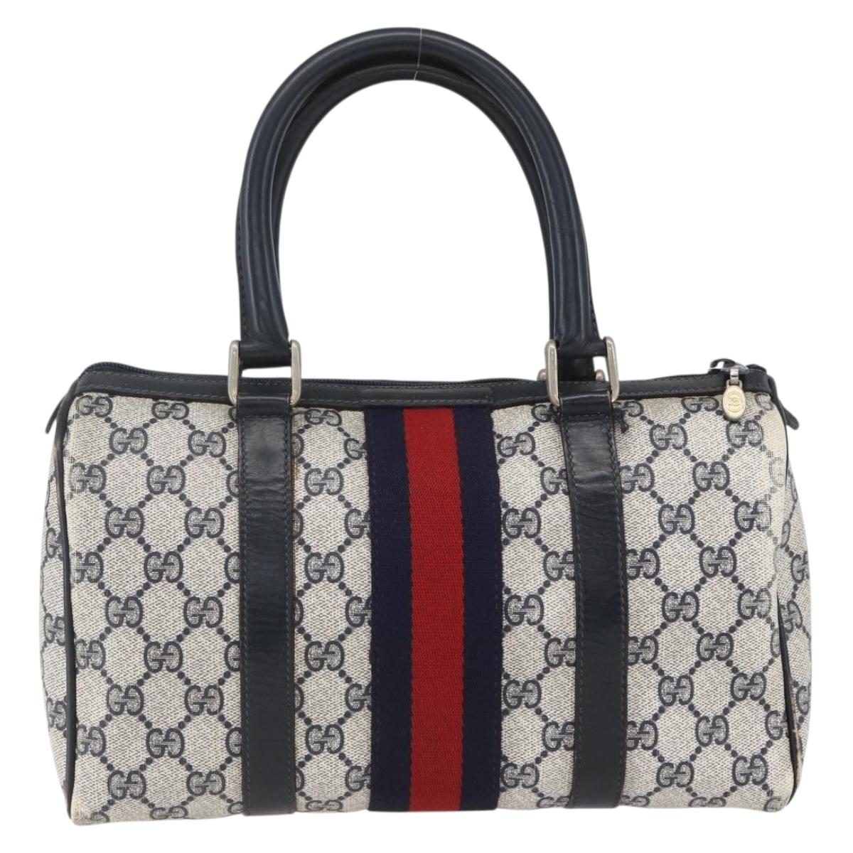 GUCCI GG Canvas Sherry Line Boston Bag Navy Gold Red 012 3841 58 Auth 157218
