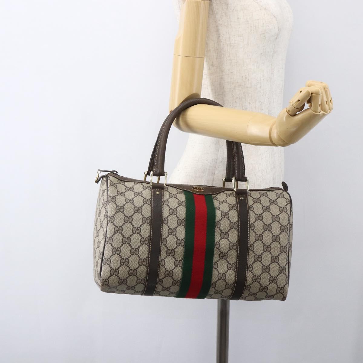GUCCI GG Supreme Web Sherry Line Boston Bag PVC Beige Red Auth 157219