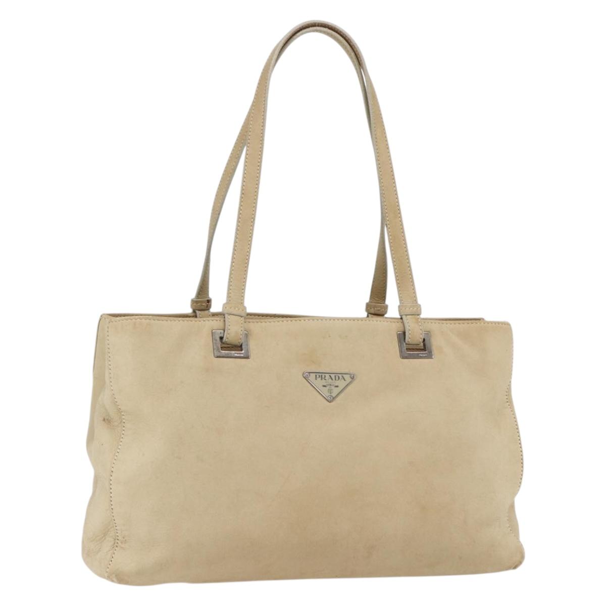 PRADA Tote Bag Leather Beige Silver Auth 157226