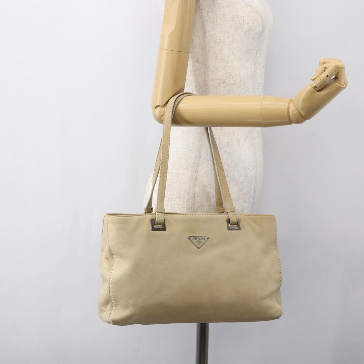 PRADA Tote Bag Leather Beige Silver Auth 157226