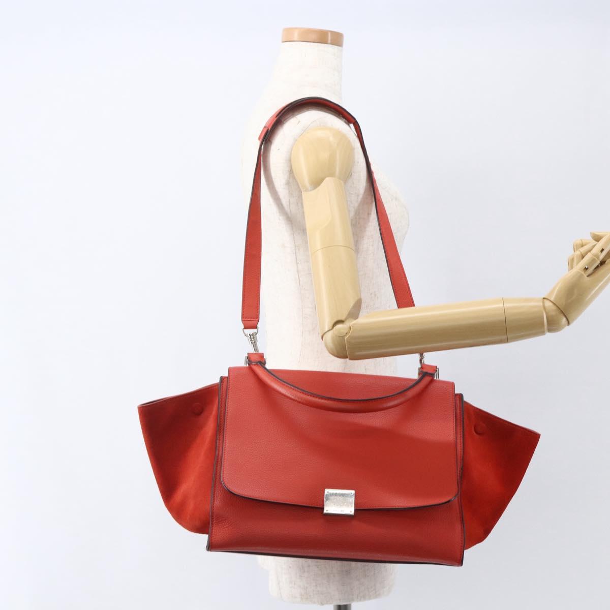 CELINE Trapeze Hand Bag Leather 2way Red Silver Auth 157228