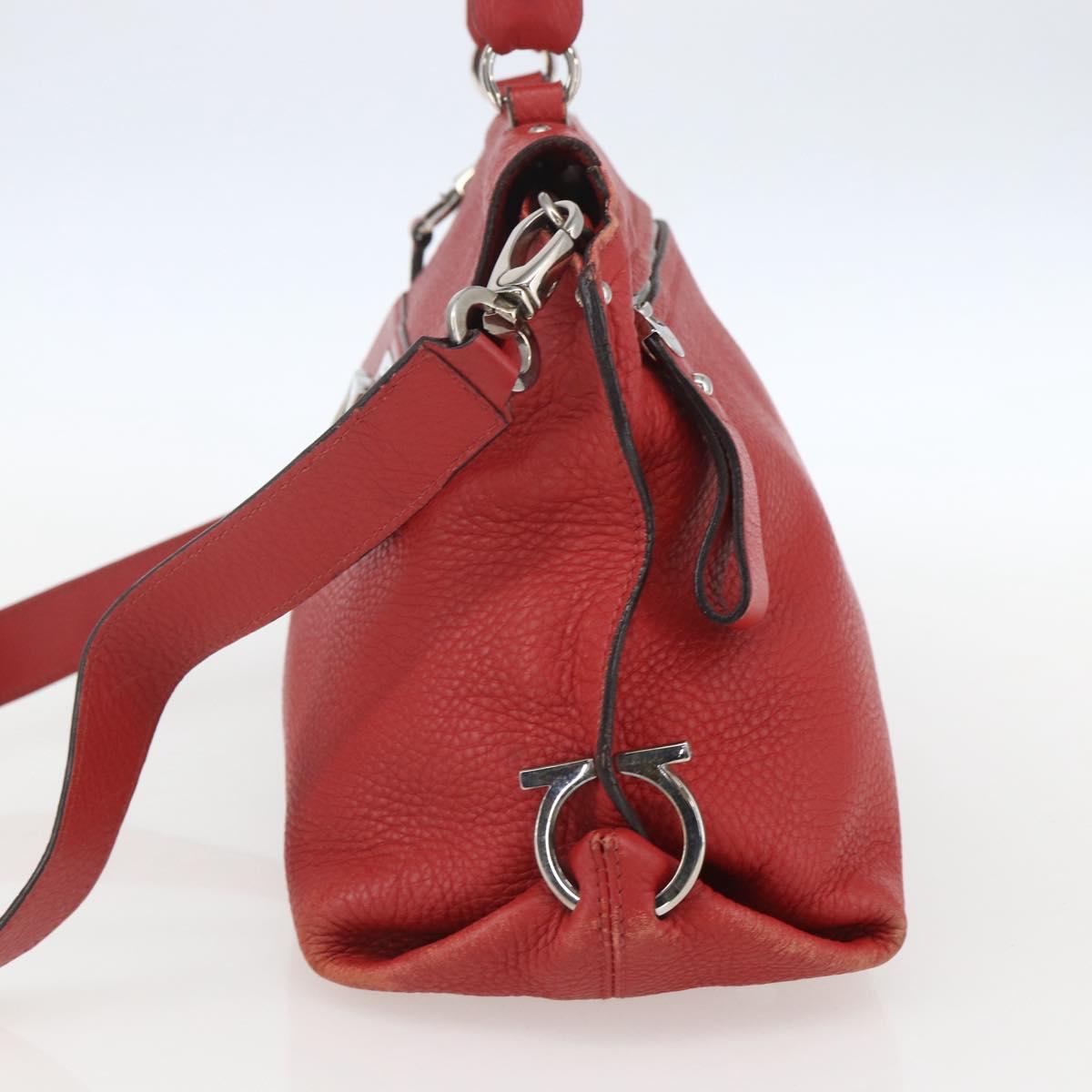 Salvatore Ferragamo Gancini Hand Bag Leather 2way Red Silver Auth 157236