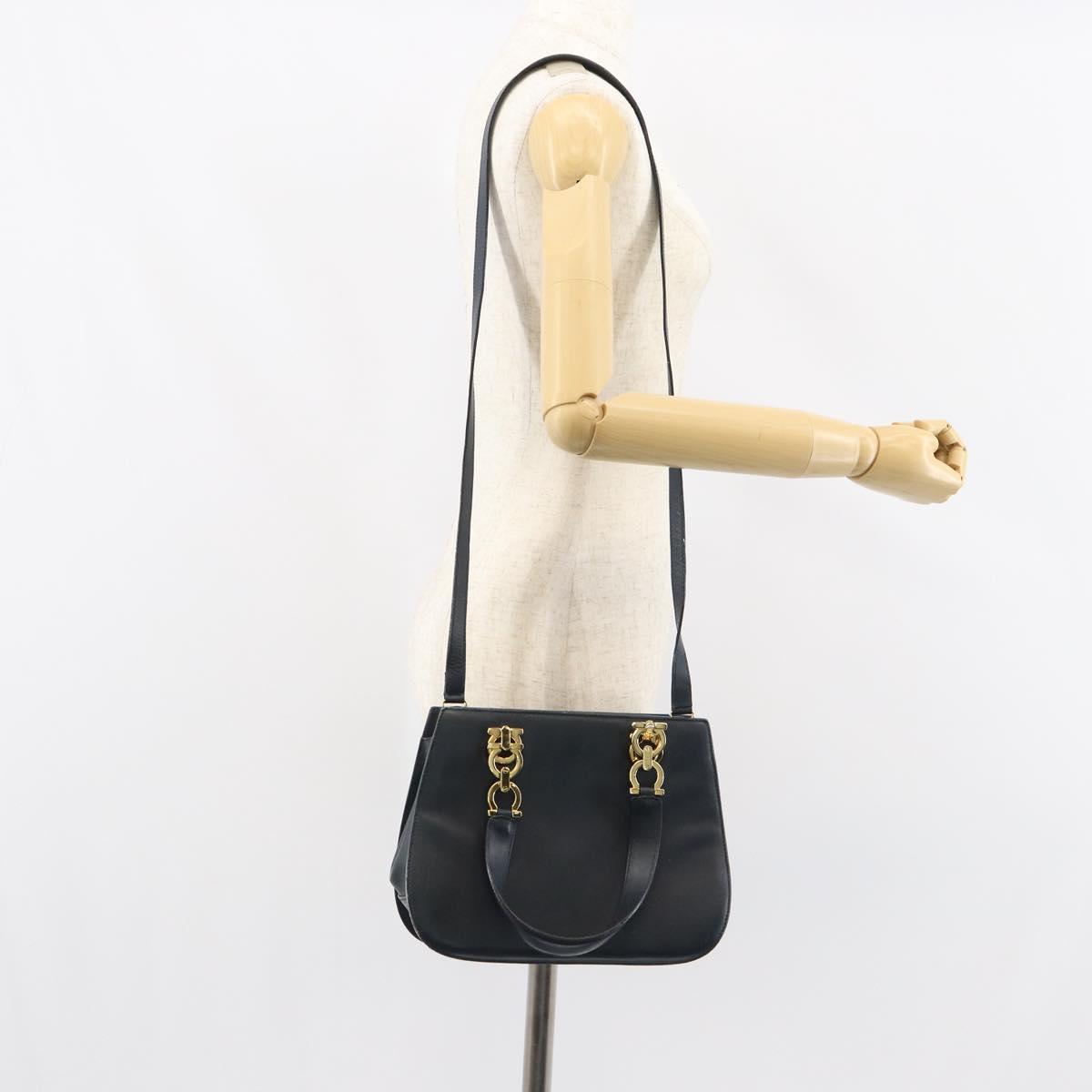 Salvatore Ferragamo Gancini Hand Bag Leather 2way Navy Gold Auth 157237