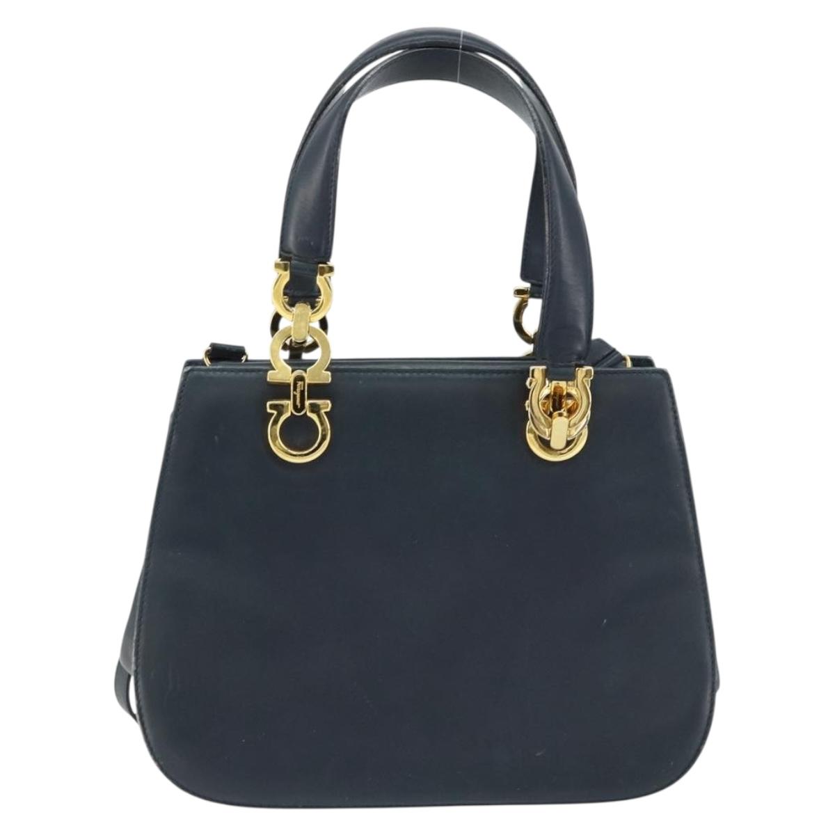 Salvatore Ferragamo Gancini Hand Bag Leather 2way Navy Gold Auth 157237