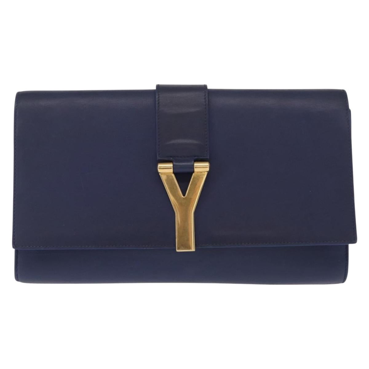 SAINT LAURENT Y line Clutch Bag Leather Blue Gold Auth 157238V