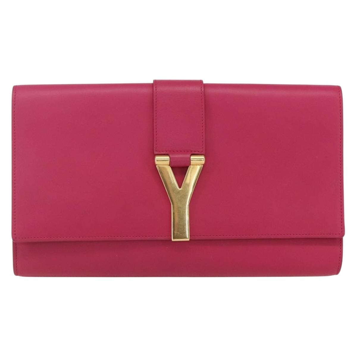 SAINT LAURENT Y line Clutch Bag Leather Pink Gold Auth 157239V