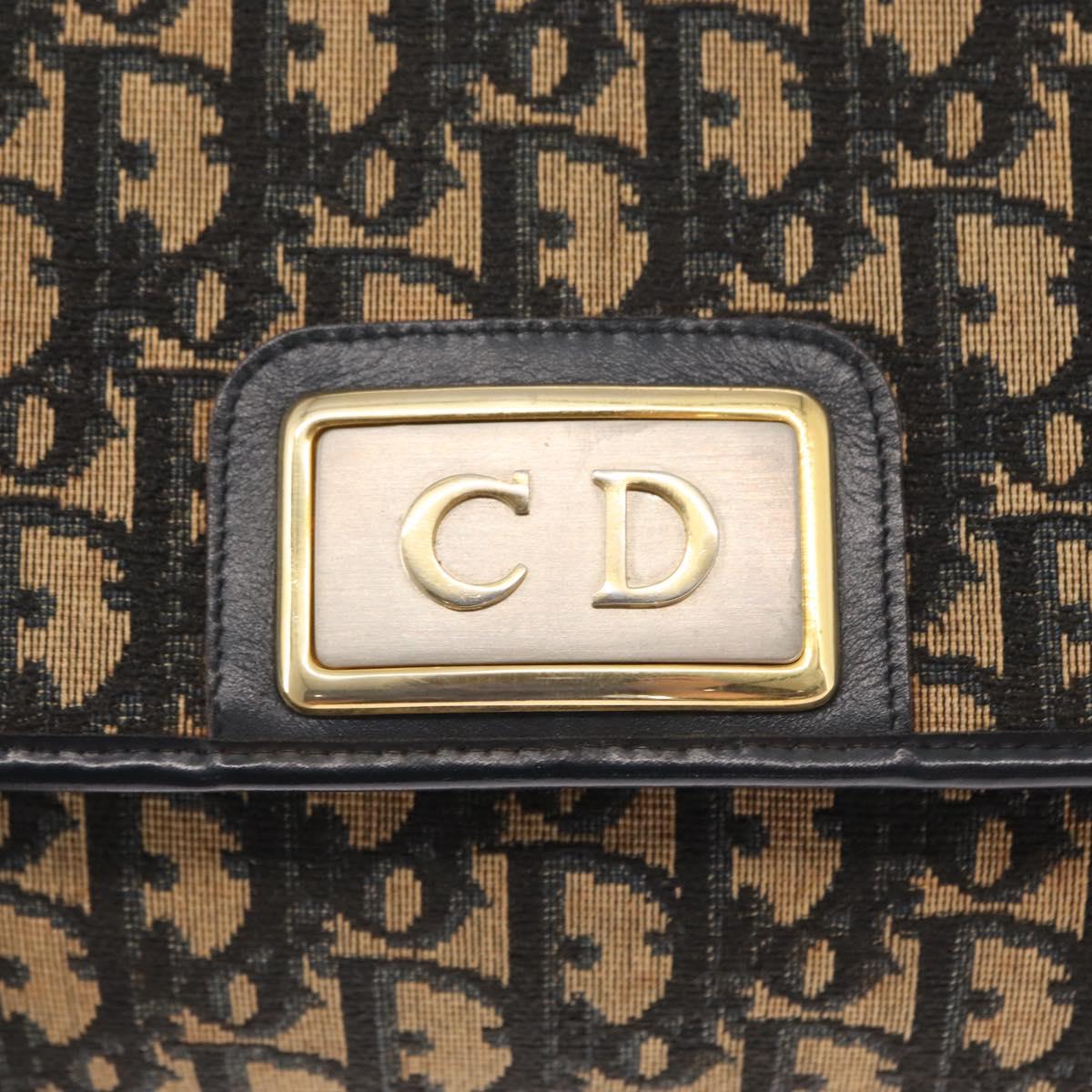 Christian Dior Trotter Canvas Chain Shoulder Bag Navy Gold Auth 157241